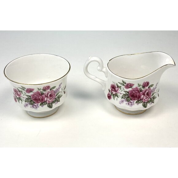 VTG QUEEN ANNE Handpainted Bone China Pink Rose CREAMER & SUGAR 8544 England EUC - Picture 2 of 5